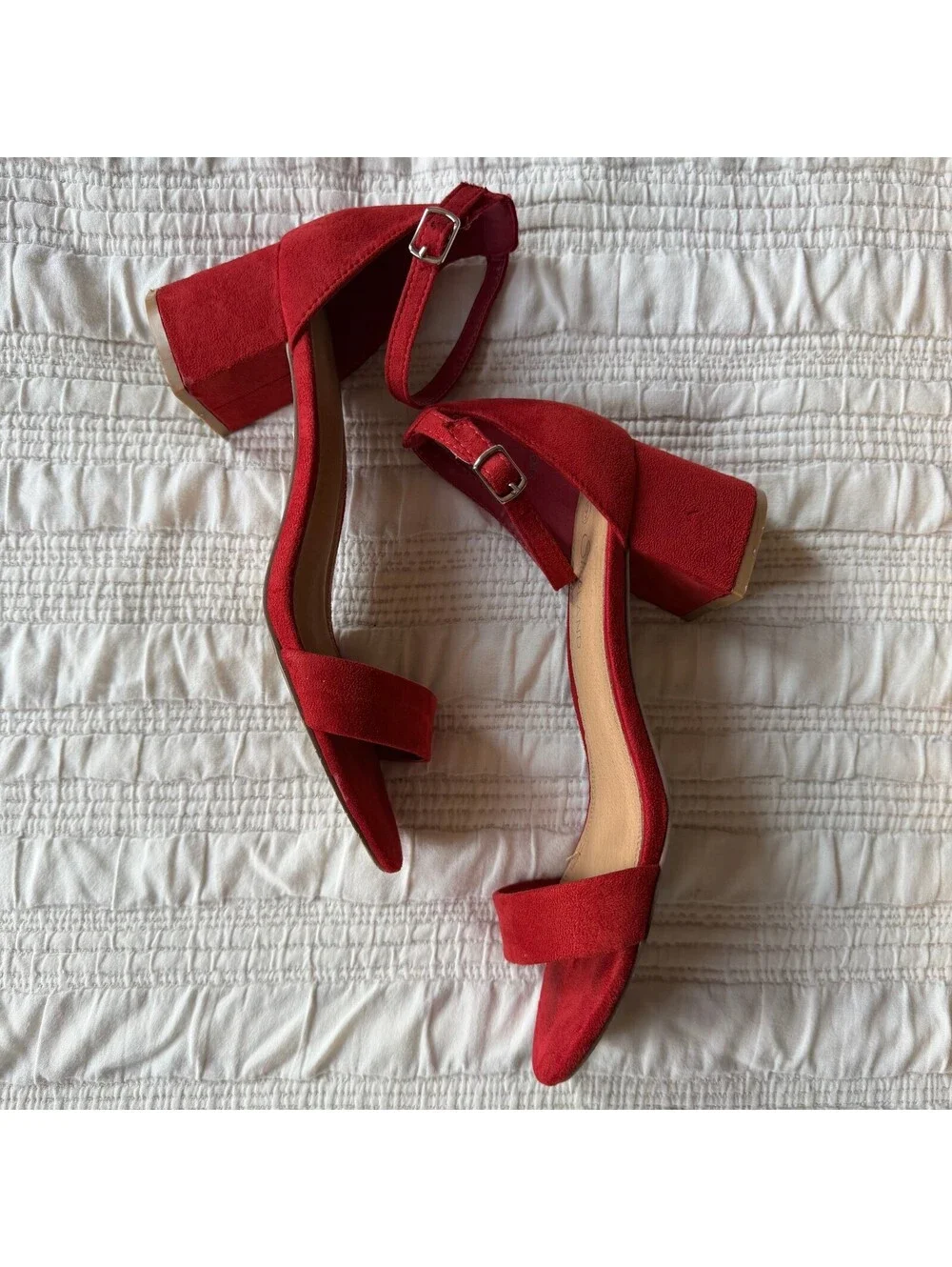 City Classified Red Faux Suede Ankle Strap Block Heel Sandals Size 9